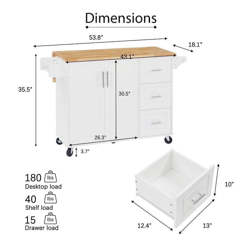 Rolling Kitchen Island with Drop-Leaf Countertop