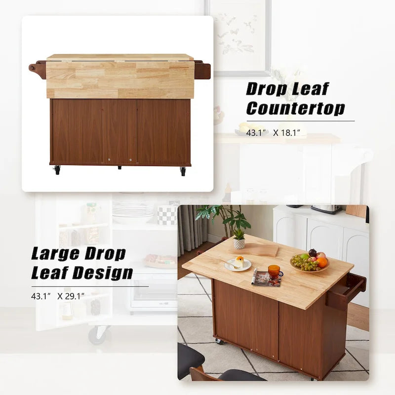Rolling Kitchen Island with Drop-Leaf Countertop