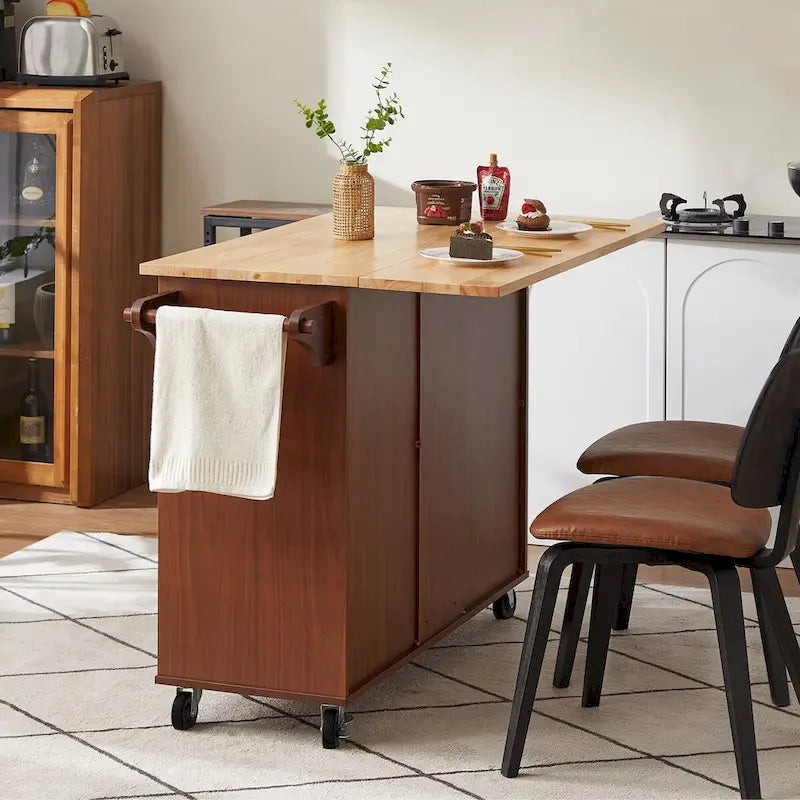 Rolling Kitchen Island with Drop-Leaf Countertop