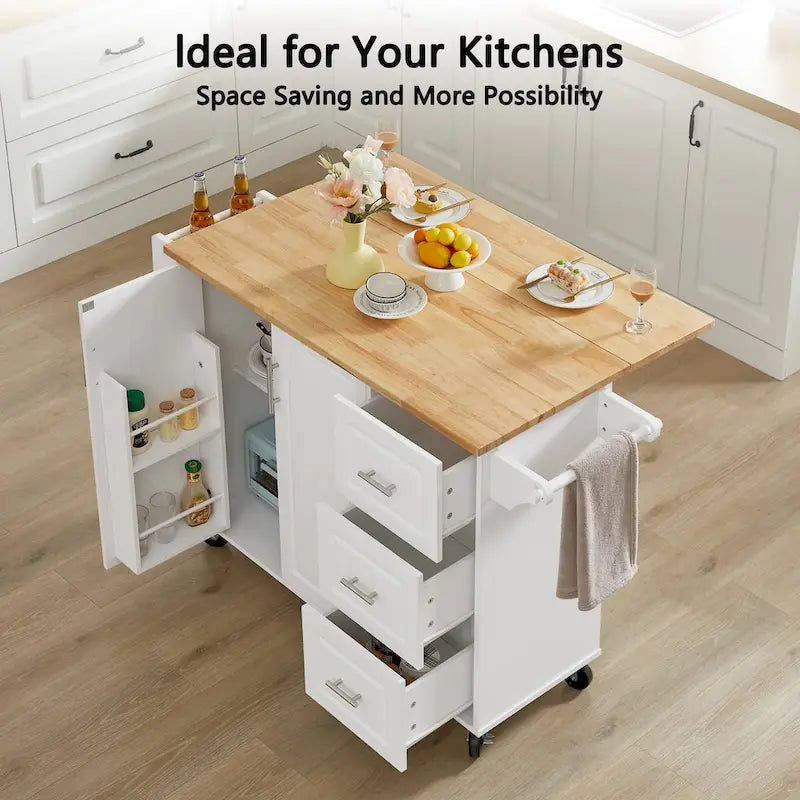 Rolling Kitchen Island with Drop-Leaf Countertop