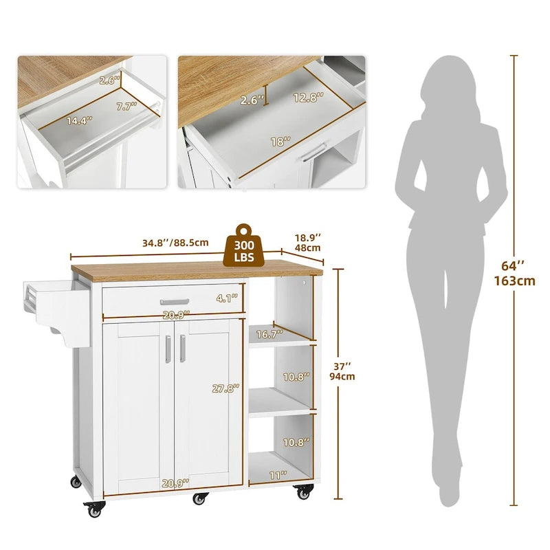 Rolling Kitchen Island Cart with Drawer and Storage Shelves