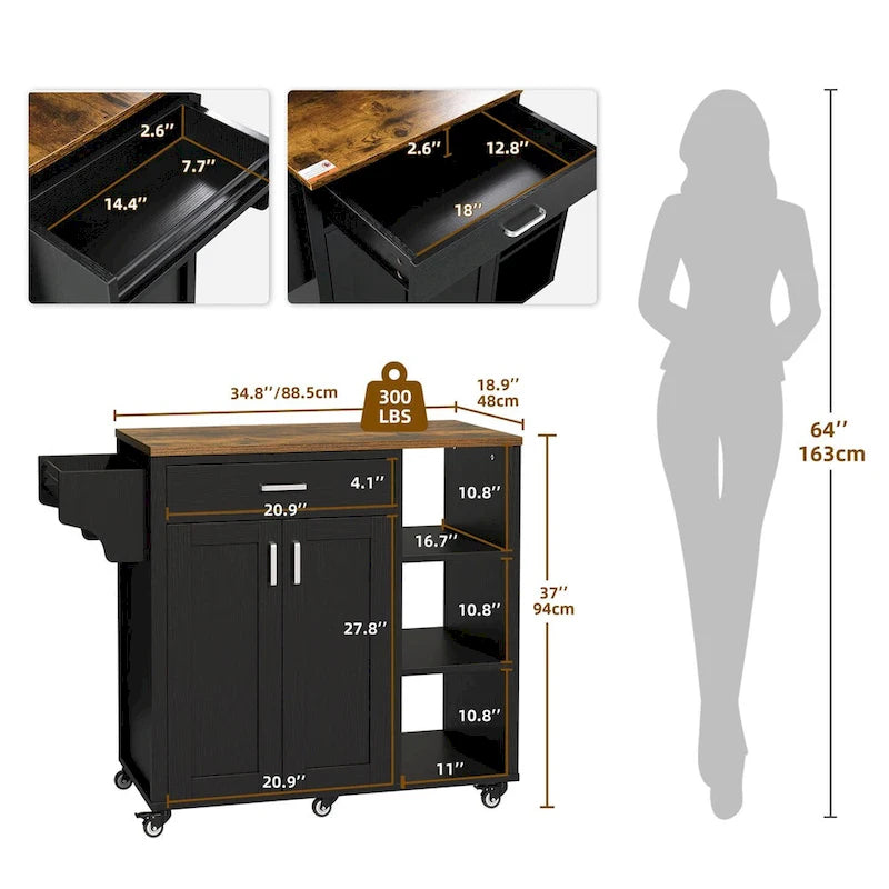 Rolling Kitchen Island Cart with Drawer and Storage Shelves